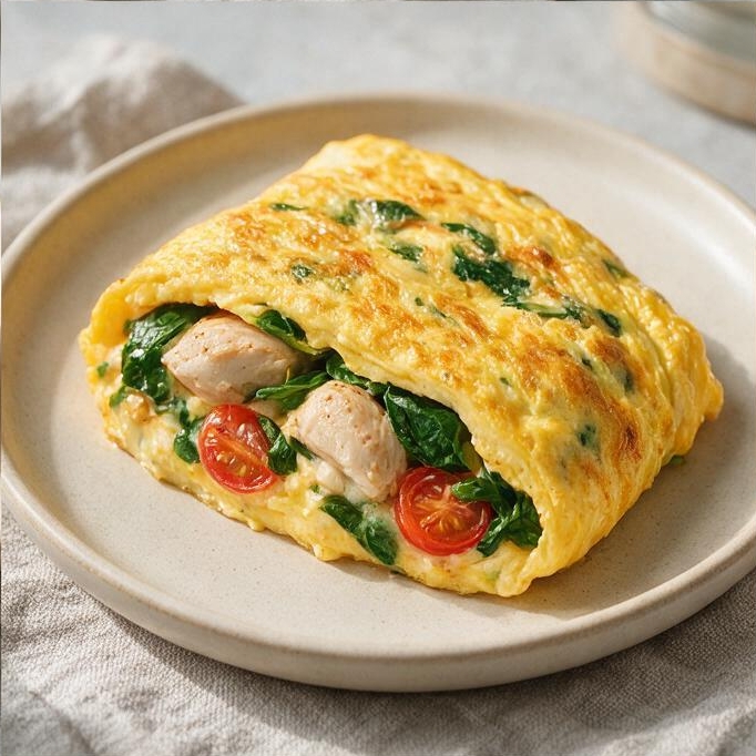 Омлет с курицей, шпинатом и томатами
