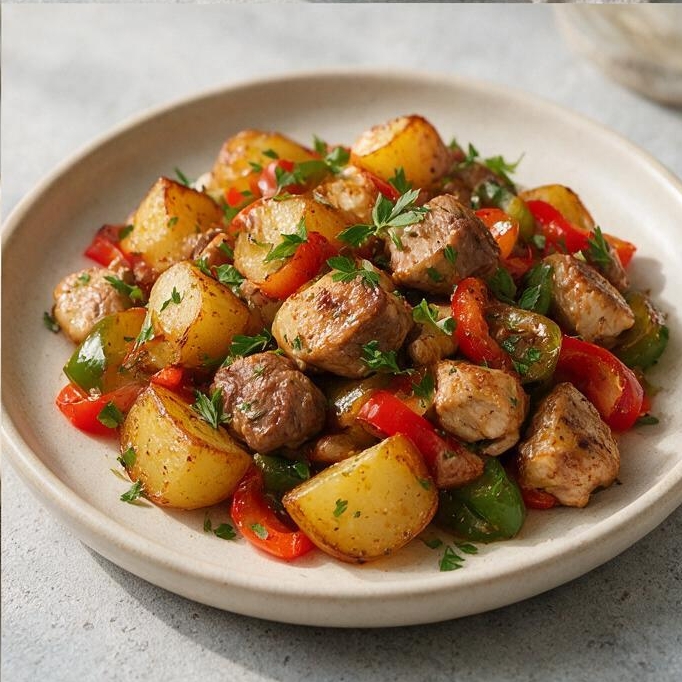 Картофельный хаш с говядиной и перцем