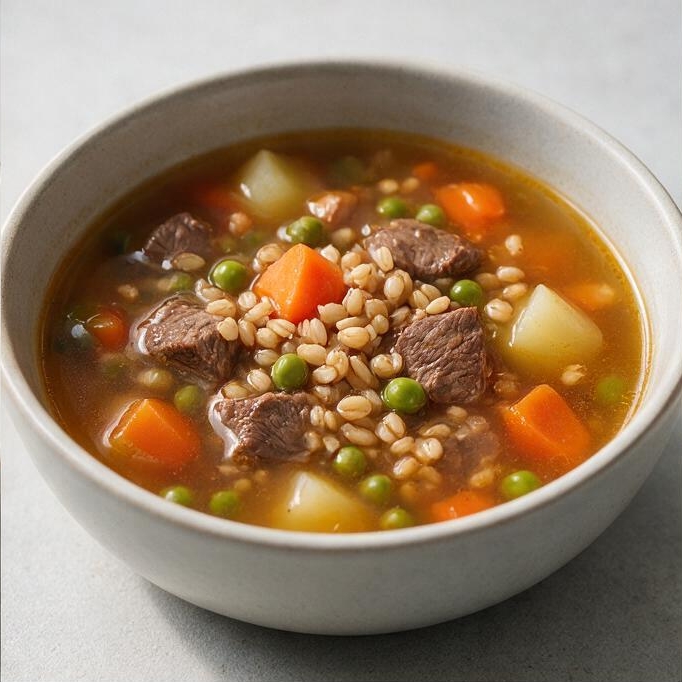 Говяжий суп с перловкой и овощами