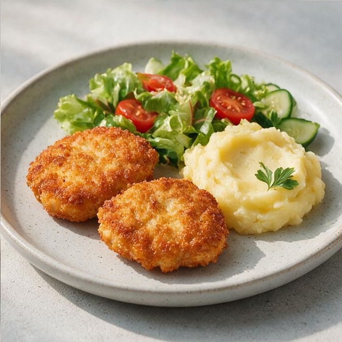 Куриные котлеты с картофельным пюре и салатом